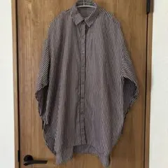 ストライプ長袖シャツ　オーバーシャツ　ゆったりサイズ　ブラウンストライプ