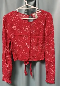 FOREVER21 赤 ドット柄 長袖 クロップドシャツ