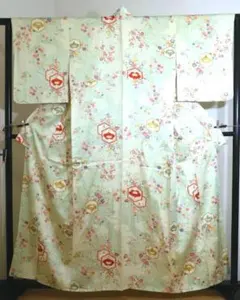 昭和レトロ小紋袷着物・ライトミントグリーン・しつけ糸付・かわいい