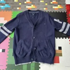 ネイビー ニットカーディガン ストライプ袖