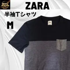ZARAザラメンズM半袖Tシャツ異素材切替ポケット細ボーダー美品定番のサムネイル