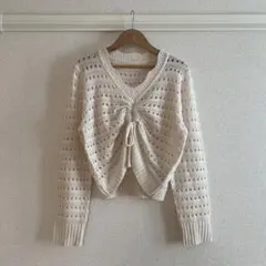 M アイボリー レース編み クロップドカーディガン