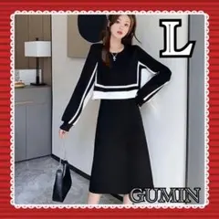 新品 フレアタイトワンピース 長袖 ブラック ホワイト おしゃれ Aライン L