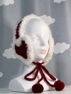 ハートイヤーマフ　耳当て　レッド　冬　ハンドメイド