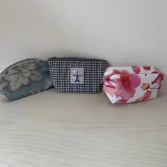 青色花柄ポーチ 中型　3点セット