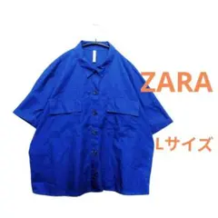 ZARA 大きめウッド調ボタン クロップド丈 半袖シャツ ネイビー L ゆったりのサムネイル