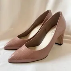 未使用級★LE TALON 型押しチャンキーヒール パンプスローズピンク23cm