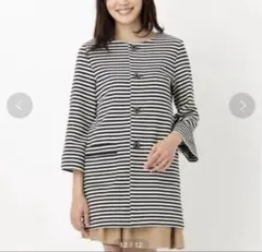 【ロペピクニック】リップルボーダー＆無地配色ボタンノーカラーコート ジャケット