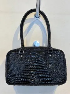 黒 クロコダイル風 レザーハンドバッグ 中型
