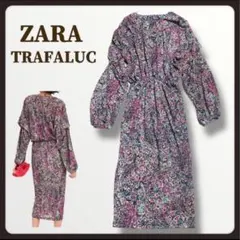総柄【ZARA TRAFALUC】ドレープ入りジャガードワンピース ウエストゴム