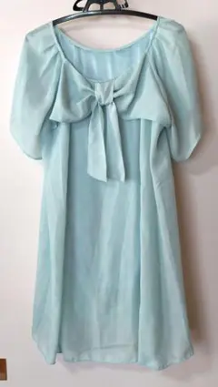 【美品】水色 シフォン ワンピース リボン付き