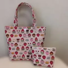 ハンドメイド　ミニトートバッグとポーチセット　苺　猫ちゃん　ピンク