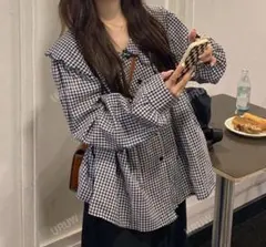 ギンガムチェックフリル襟長袖シャツ