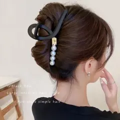 パール付リボン型バンスクリップ 黒 大きめ しっかりホールド