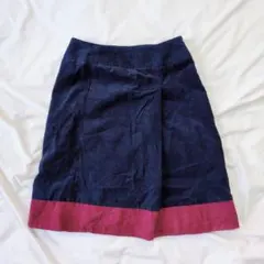 秋冬 ローラアシュレイ コーデュロイ 膝丈 スカート ネイビー×ボルドー S