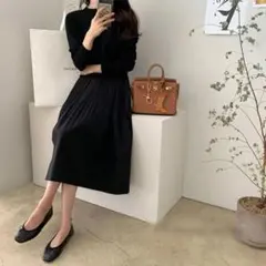 ニット　ワンピース　おしゃれ　ブラック　オフィスカジュアル　韓国　大人　上品