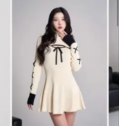 ダーリッチ バイカラーリボンデザインニットミニワンピース IVO