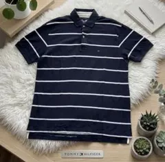 トミーヒルフィガー ボーダー ポロシャツ L 濃紺 刺繍ロゴ ゆるだぼ 90s