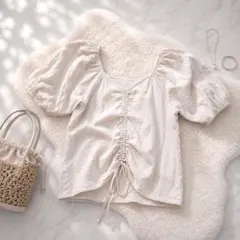B148 AZUL BY MOUSSY シャーリングパフブラウス S アイボリー