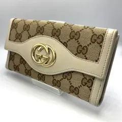 GUCCI グッチ GGキャンバス 二つ折り財布 ベージュ×アイボリー金具ロゴ