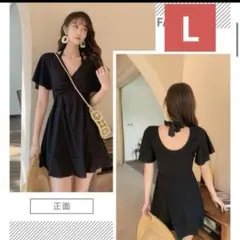 【着痩せ✨】オフショルダー Vネック ワンピース水着 ブラック　レディース　体型