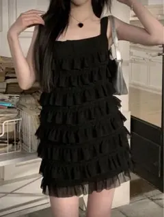 ブラック フリル ミニワンピース ノースリーブ