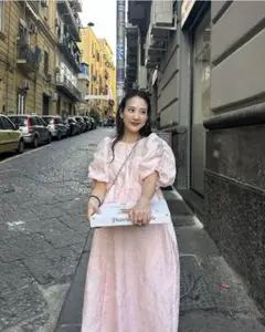 ピンク パフスリーブ マキシドレス