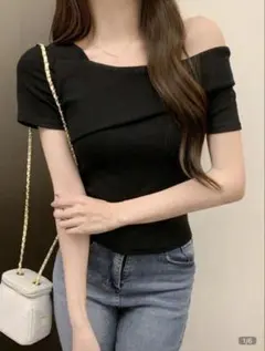 SHEIN 340081353 オフショルダー 半袖 トップス ブラック Mのサムネイル