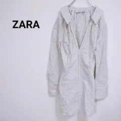 ◇ザラ【M】スキッパーシャツ　ロング　ボーダー柄　Vネック　長袖　モロッコ製