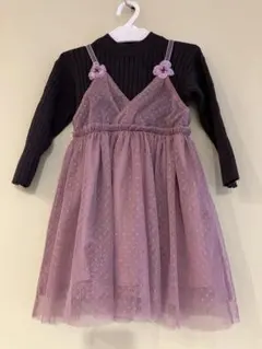 【ほぼ新品】BREEZE　薄紫色　長袖チュールワンピース 　ドット柄　90