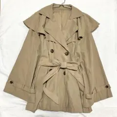 【レカ】ポンチョ風ショート丈トレンチコート ベルト紐有 スウェード生地 M