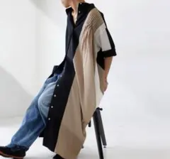 ロングワンピース　ノーカラー　マキシ　フレア　アシメ　バイカラー　トリコロール