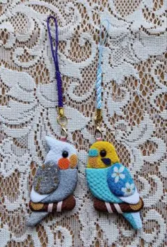 羊毛フェルト セキセイインコ 白青 ブランコクリアケースキーホルダー