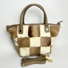 Letizia レティツィア 2way ハンドバッグ ファー チェック レザー