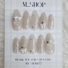 【現品】No.4ネイルチップ 韓国 透け感ピンク量産型 バラ リボンネイル