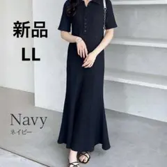 GeeRA半袖 ポロ襟 ロングワンピース ネイビー LLのサムネイル