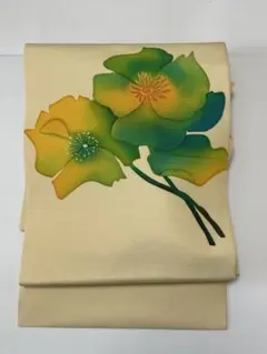 名古屋帯 花柄 抽象花文様 クリームイエロー　九寸
