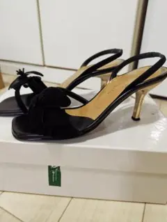 【お値下げ❢】かねまつ　黒 スエード リボン付き サンダル ヒール7cm