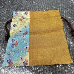 新品未使用】和風巾着袋 ポーチ バッグ ゴールド 朱色 花柄