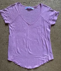 ZARA Basic リネン100% VネックTシャツ ピンク Mサイズのサムネイル