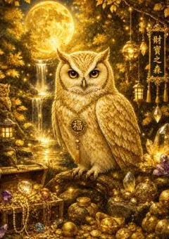 197【黄金の財宝を守る福招きフクロウ】 開運アート デジタルアート