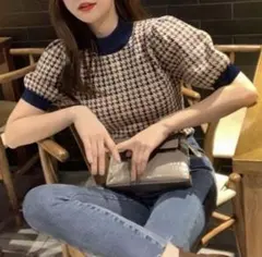 グレイル　千鳥格子柄 半袖ニット トップス パフスリーブ 短丈