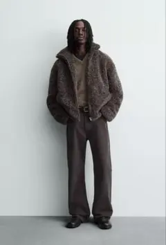 ZARA フェイクシープスキンジャケット L ブラウン グレー