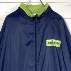アディダス　ワンポイント刺繍　ナイロンジャケット　ネイビー　グリーン　L