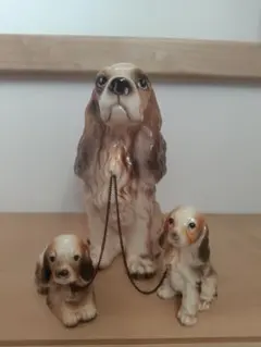 レトロ 犬 コッカースパニエルの親子 陶器製 置物 3体セット