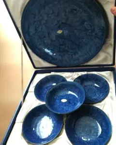 有田焼 肥前哲三郎窯 青色セット　大皿1枚　小皿5枚 化粧箱入り