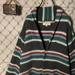 カーディガン マルチカラー ボーダー ショールカラー メタルボタン