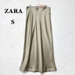 ザラ サテン ロングスカート カーキ Ｓ ウエストゴム Iライン 光沢 無地