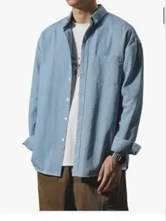 Lサイズ デニムシャツ サックスブルー 綿混素材