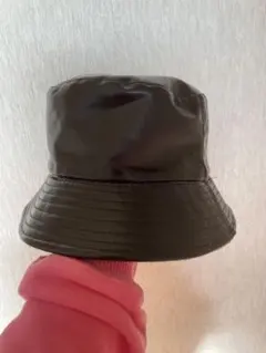 バケットハット 黒 合成皮革 フリース